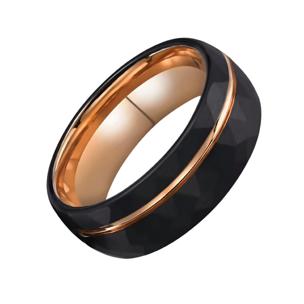 Black and Rose Gold Hammer Textured Tungsten Ring